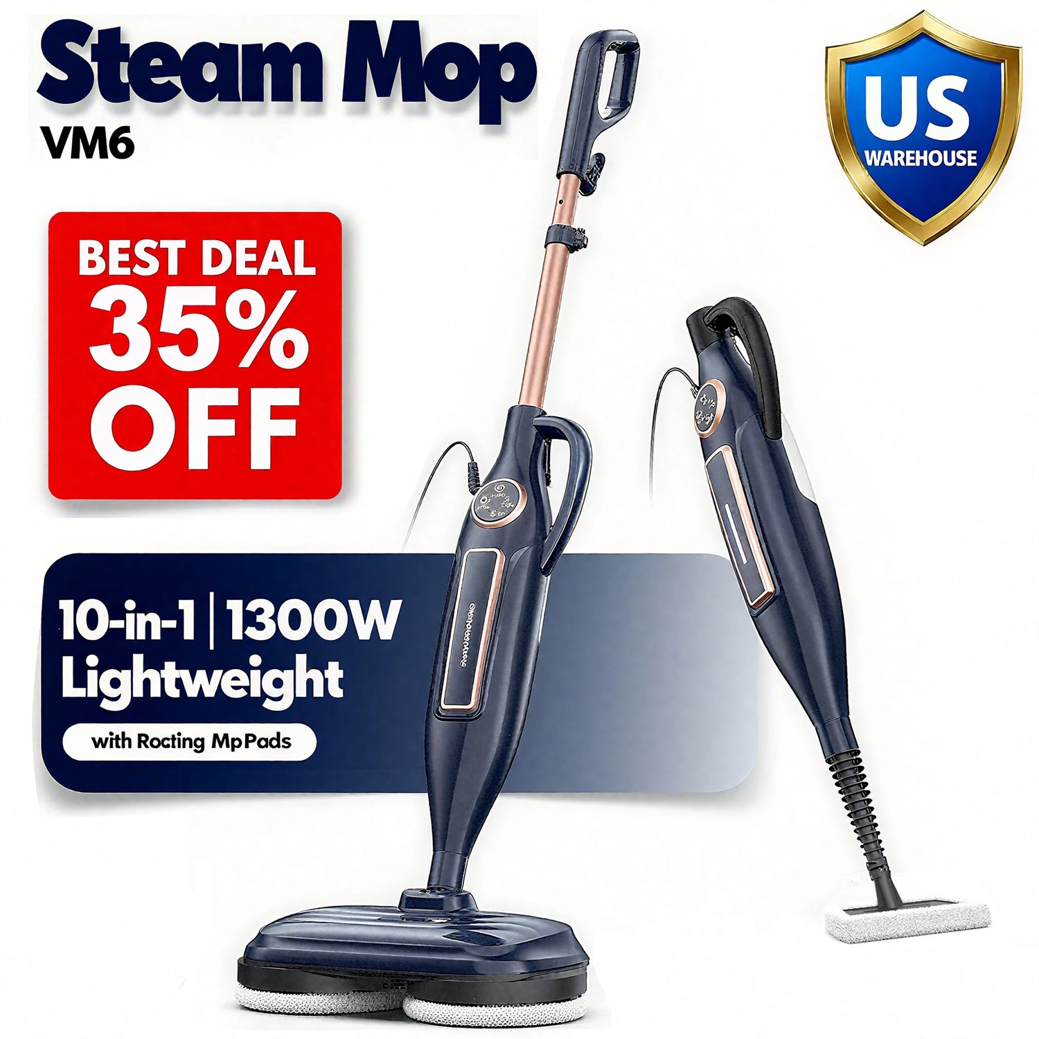Steam Mop Cleaner with Rotating Mop Pad 10 in 1 Lightweight Spin Mop 1300W Powerful Floor Steamer for Home Hardwood Laminate VM6