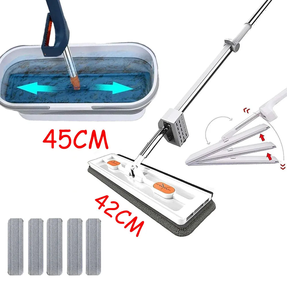 Flat Squeeze Mop with Folding Bucket Hand Free Washing Microfiber Replacement Pad Automatic Spin mops floor house cleaning